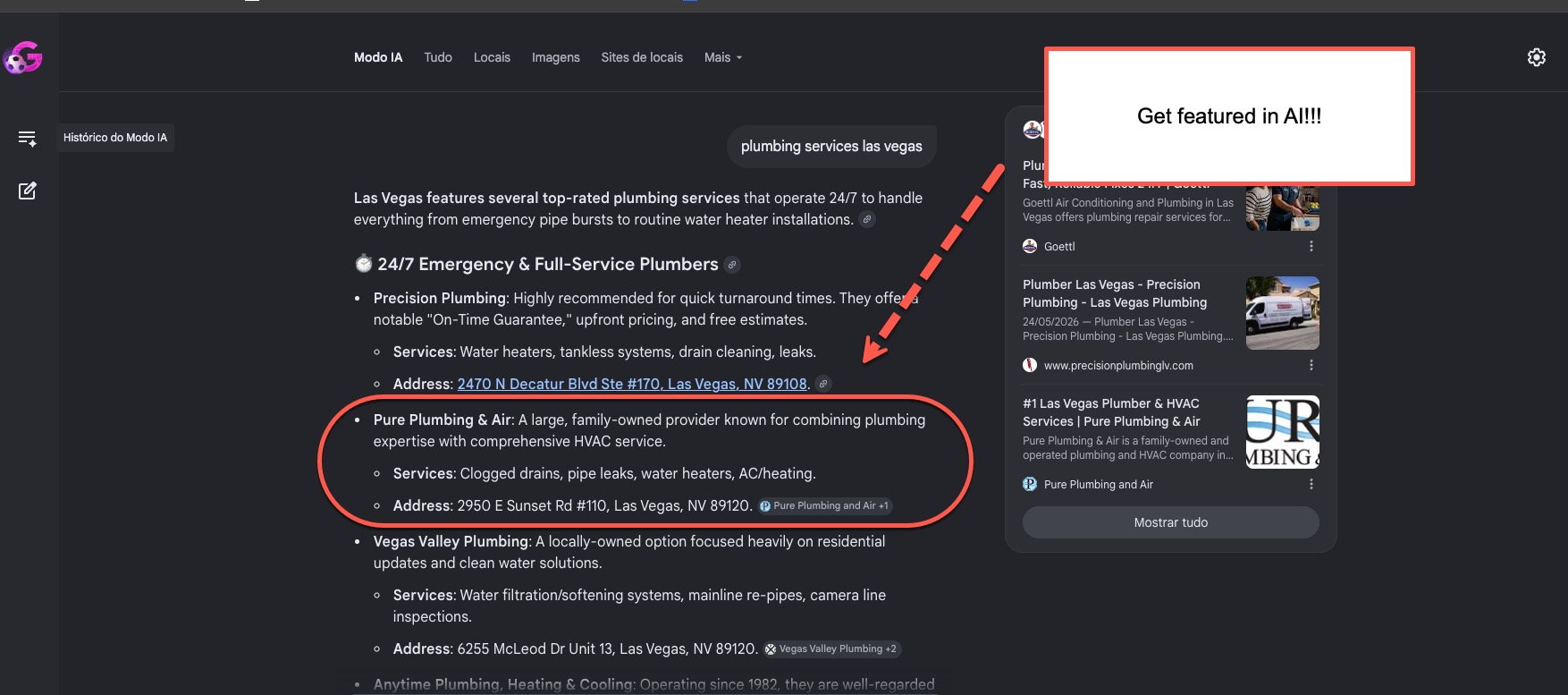 Ask Maps AI search result showing top featured plumbing businesses